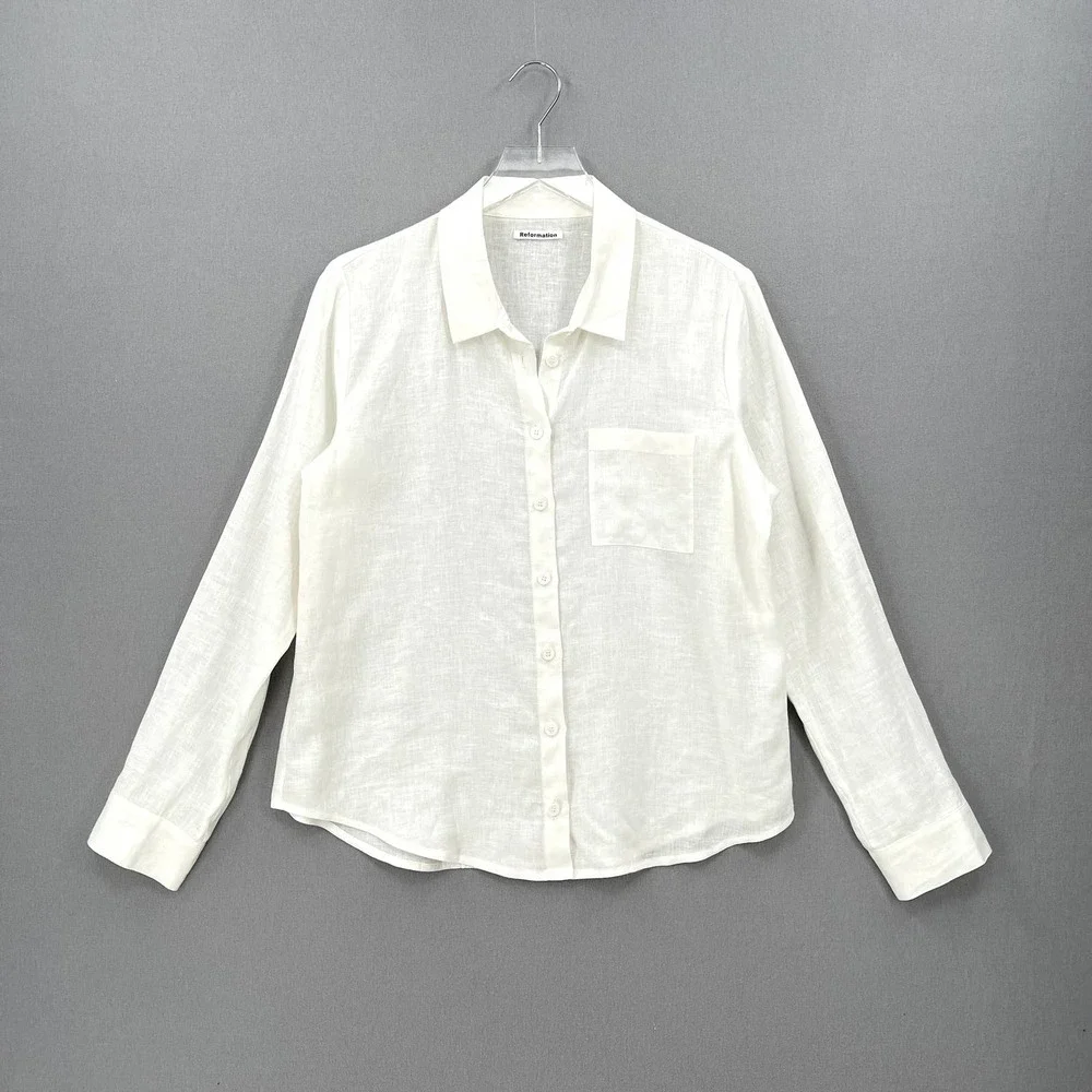 REFORMATION Sky Top Relaxed Linen Shirt Womens Large White Long Sleeve Button Up - Picture 4 of 14